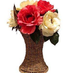 Beautiful Faux Roses or Peonies in Metal Wicker Vase